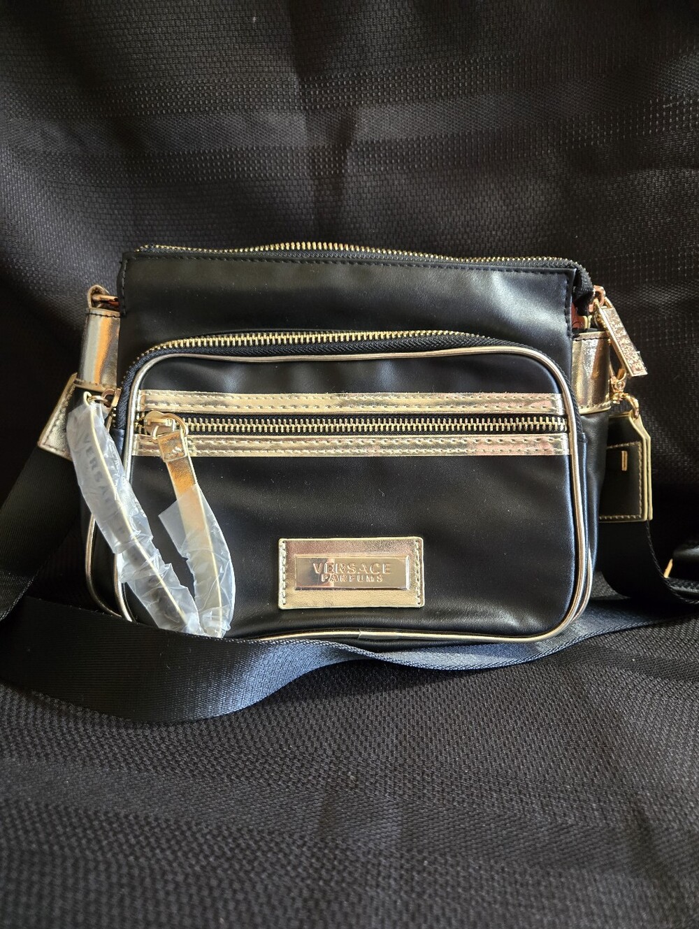 Versace Parfums Collection Black and Gold Messenger Crossbody Bag